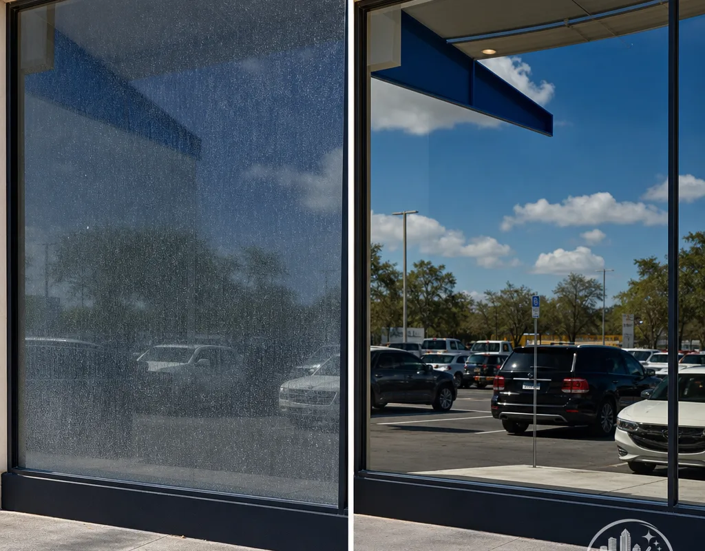 Storefront window before and after professional cleaning, showing removed haze and water spots
