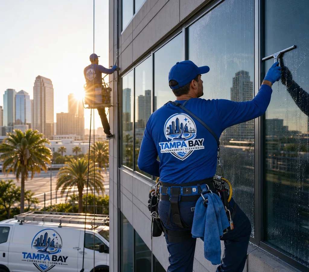 Commercial window cleaners working on a Tampa mid-rise with squeegees and safety gear