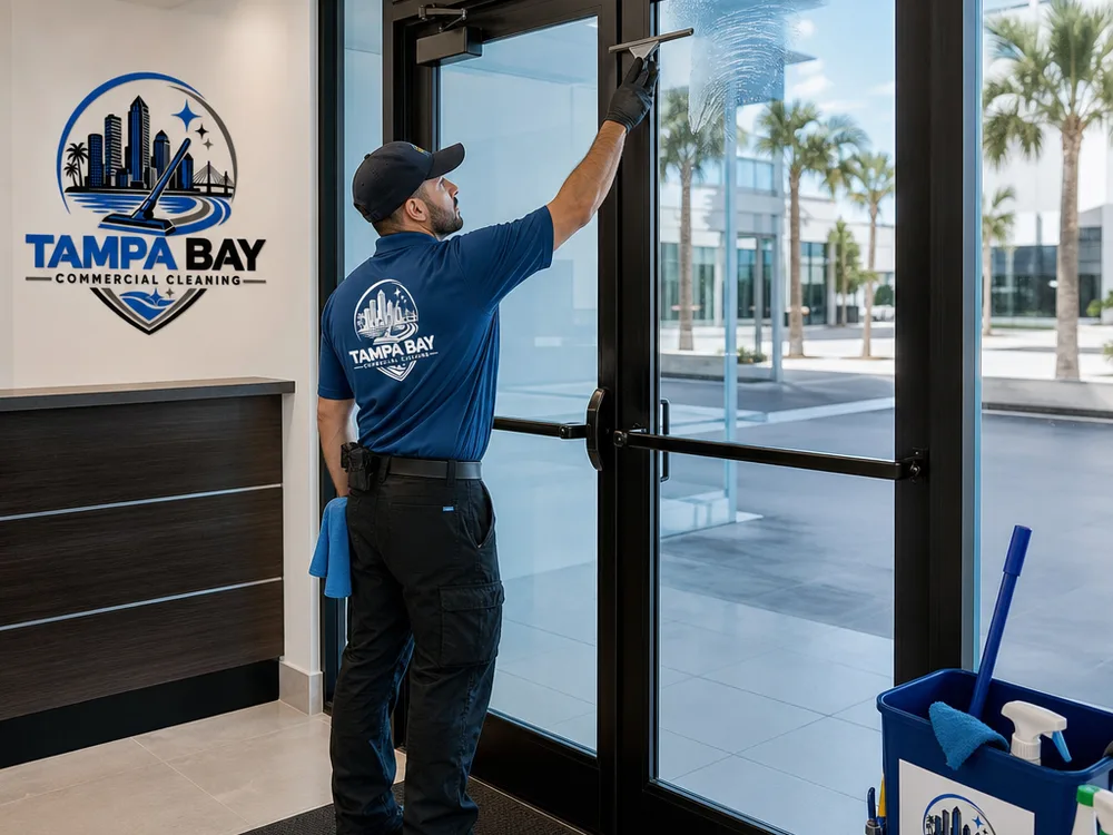 Interior lobby glass and doors with a clear, streak-free finish