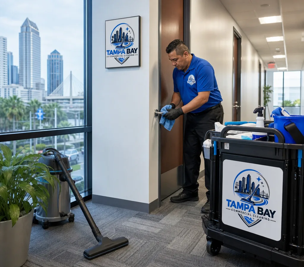 Janitorial technician cleaning a commercial office corridor and high-touch door hardware in a Tampa facility