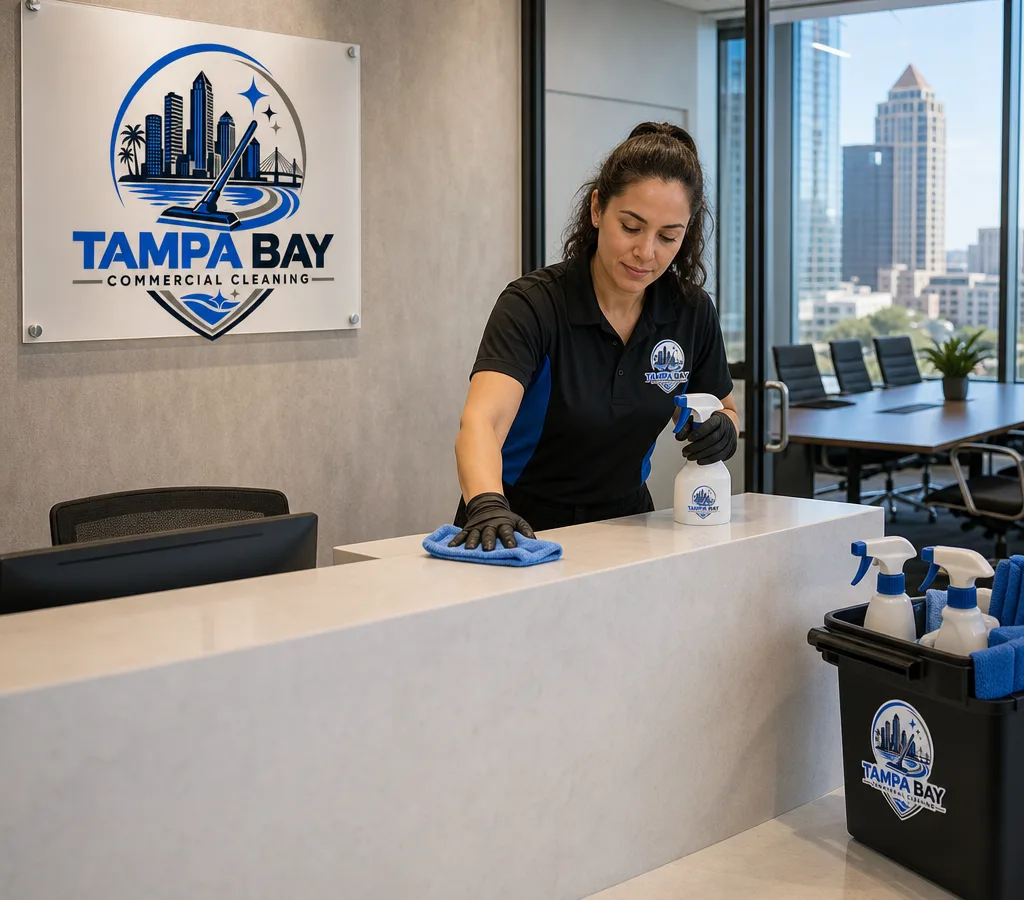 Professional cleaner disinfecting high-touch areas in a modern Tampa office