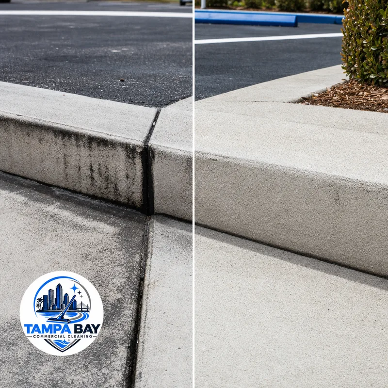 Cleaned concrete expansion joints and curb line near a commercial parking area without surface etching