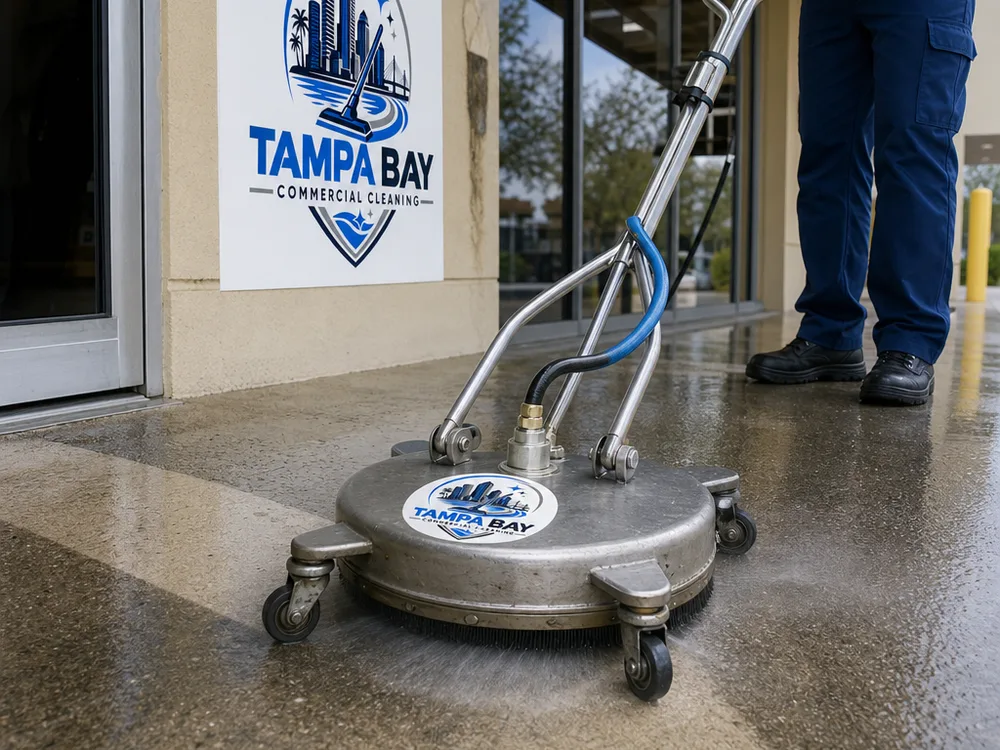 Surface cleaner producing even cleaning lines on a commercial concrete walkway near a storefront threshold