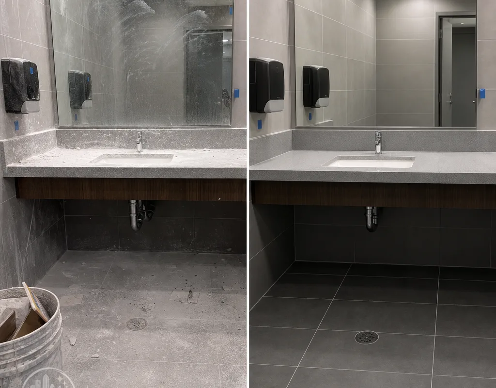 New restroom vanity before and after construction cleaning